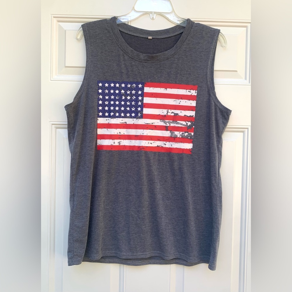 Womens Mens Tank Top Size L Sleeveless Shirt US Flag Logo Cotton Blend Grey